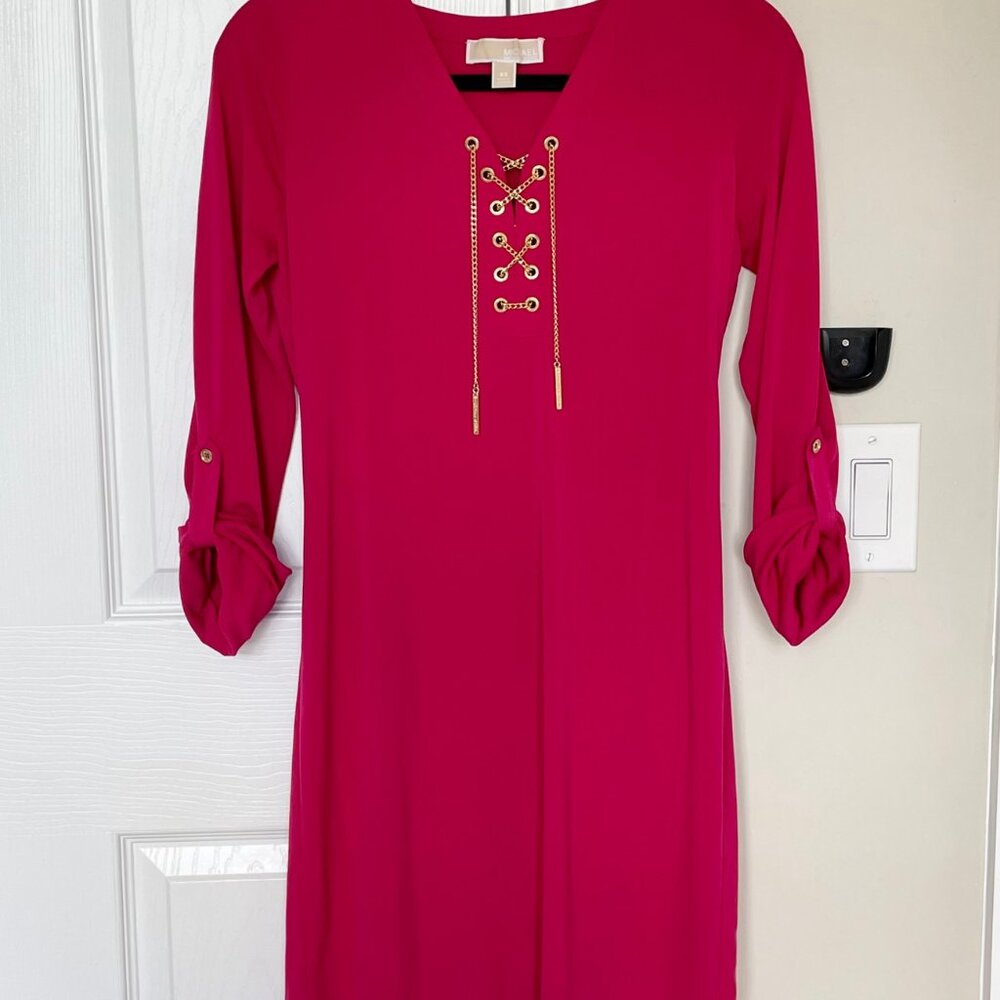 Michael Kors Chain Lace Up Dress Fuschia Pink Workday Fashion Brunch Outfit